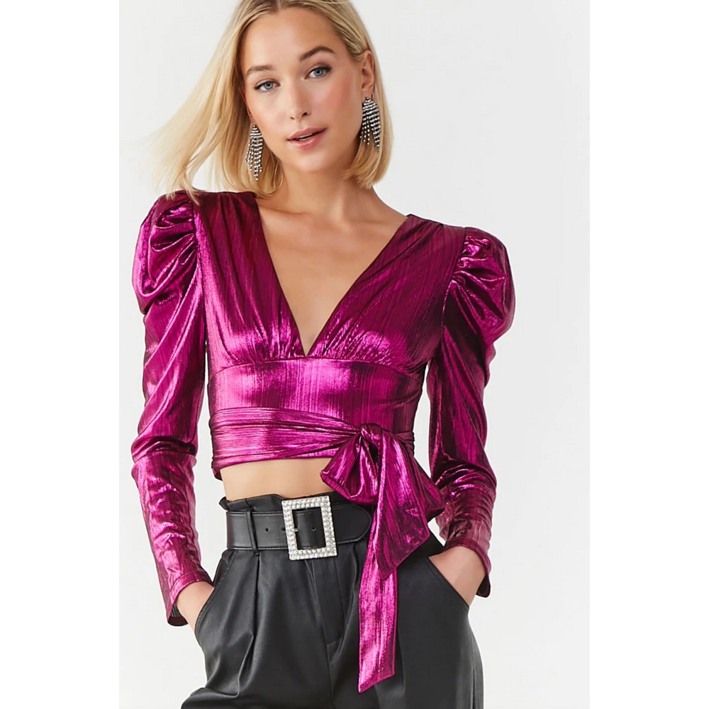 FOREVER 21 Tie‎ Metallic Puff Sleeve Top Size L Hot Pink